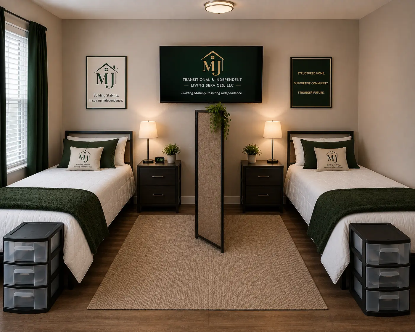 Furnished shared bedroom with two beds